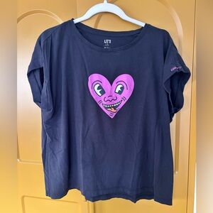 Uniqlo X Keith Haring Graphic T Shirt Pink Smiling Heart Boxy Crop Black Women L